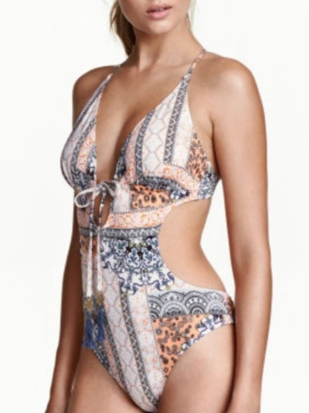 H&M Peach and White Patterned One-Piece Swimsuit size 10